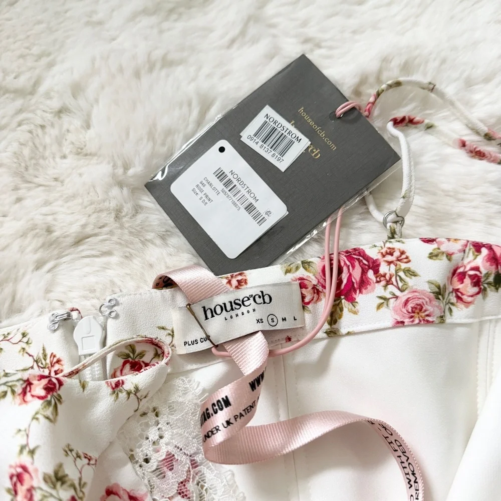 House of CB Corset Floral Lace Trim Midi Sundress S Plus Cup - Rose Print - Picture 6 of 6